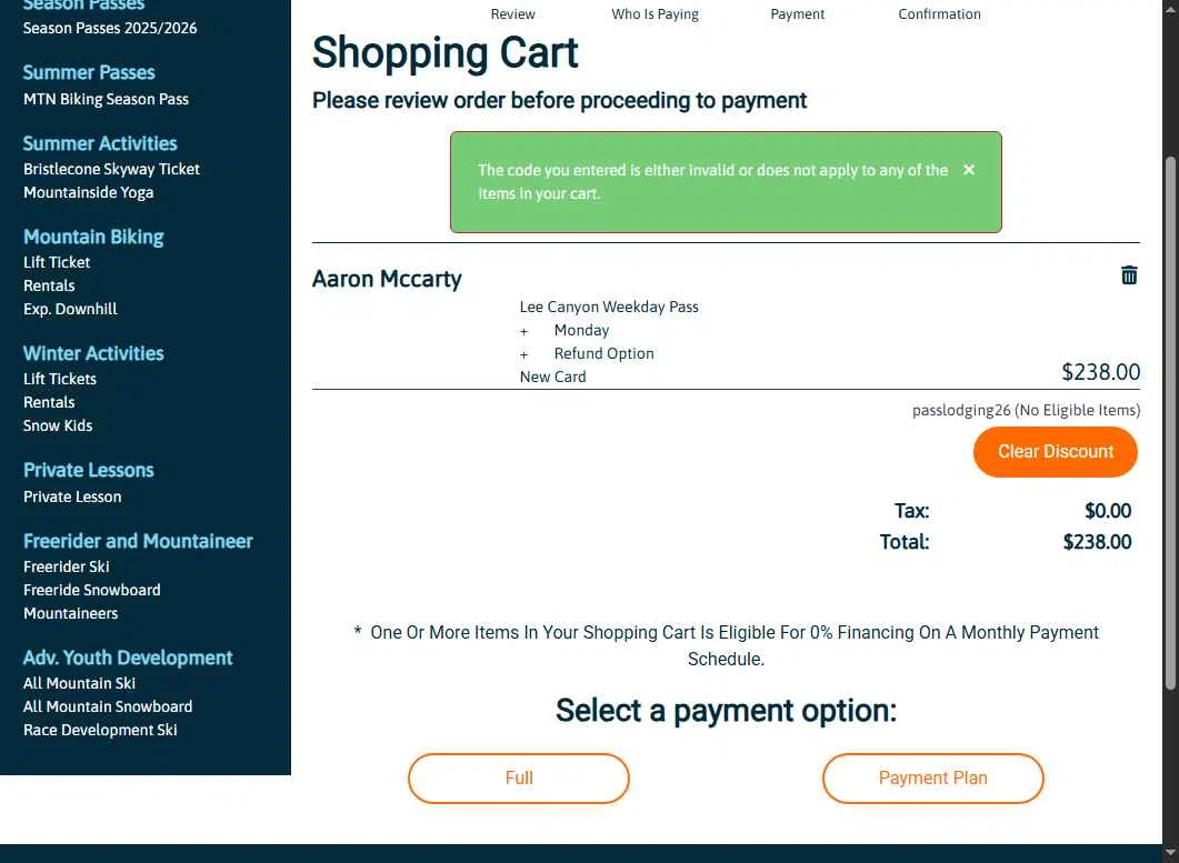 Lee Canyon checkout page showing Lee Canyon promo code box | Screenshot taken by SimplyCodes community member on Oct 4, 2025