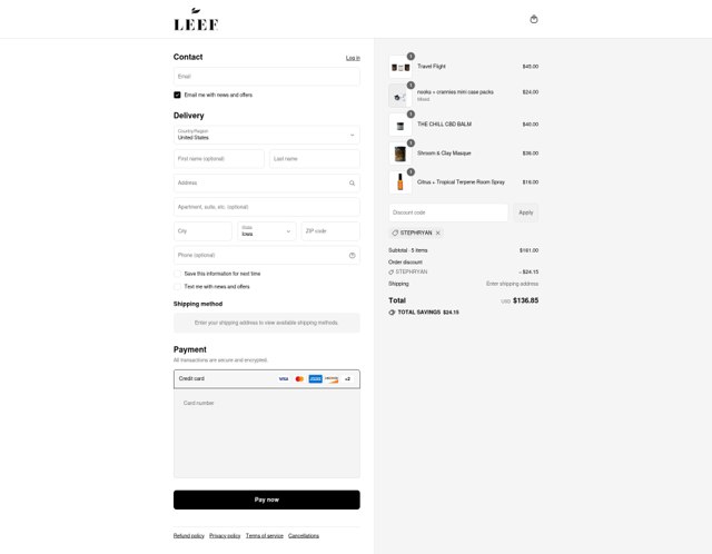 Leef Organics checkout page showing Leef Organics discount code box | Screenshot taken by SimplyCodes community member on Sep 7, 2025