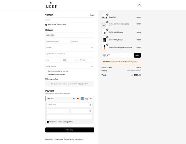 Leef Organics checkout page showing Leef Organics discount code box | Screenshot taken by SimplyCodes community member on Sep 7, 2025