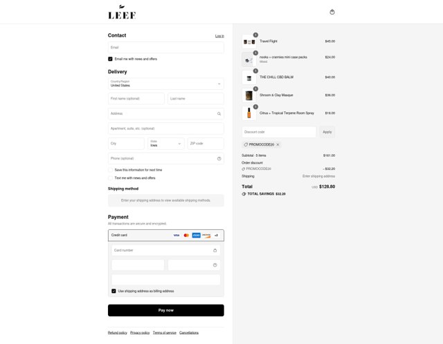 Leef Organics checkout page showing Leef Organics discount code box | Screenshot taken by SimplyCodes community member on Sep 7, 2025