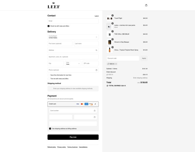 Leef Organics checkout page showing Leef Organics discount code box | Screenshot taken by SimplyCodes community member on Sep 7, 2025