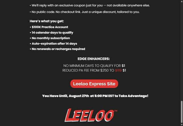 Leeloo Trading checkout page showing Leeloo Trading discount code box | Screenshot taken by SimplyCodes community member on Aug 22, 2025