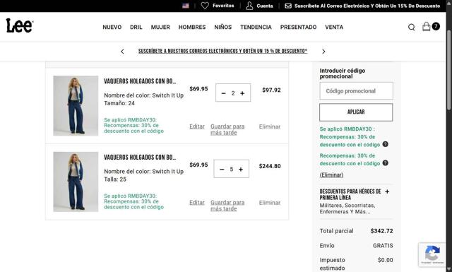 Lee US checkout page showing Lee US promo code box | Screenshot taken by SimplyCodes community member on Sep 9, 2025
