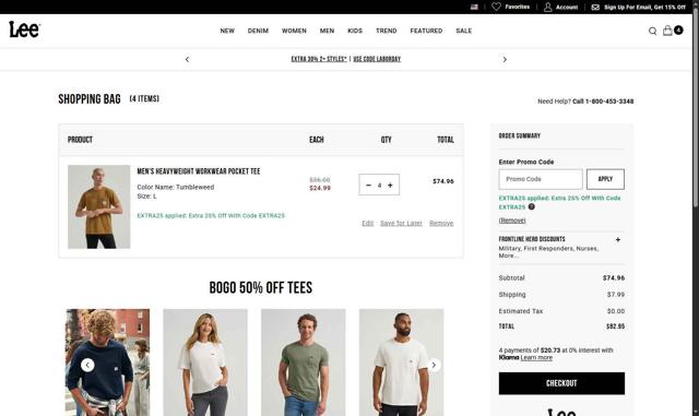 Lee US checkout page showing Lee US promo code box | Screenshot taken by SimplyCodes community member on Aug 30, 2025