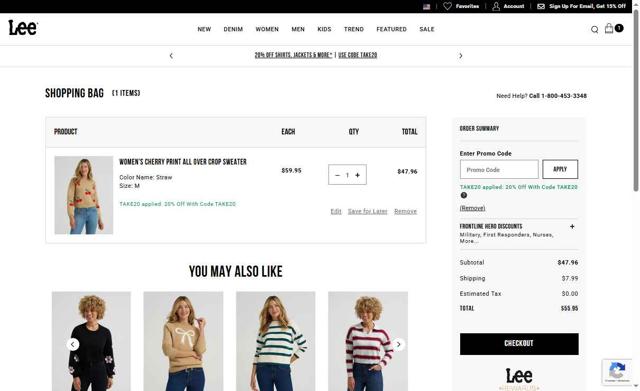 Lee US checkout page showing Lee US promo code box | Screenshot taken by SimplyCodes community member on Sep 14, 2025