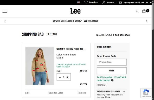 Lee US checkout page showing Lee US promo code box | Screenshot taken by SimplyCodes community member on Sep 14, 2025