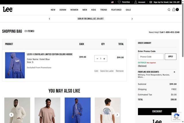 Lee US checkout page showing Lee US promo code box | Screenshot taken by SimplyCodes community member on Sep 11, 2025