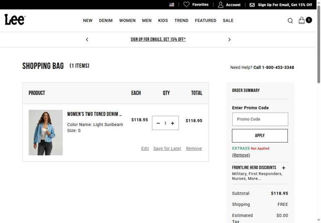 Lee US checkout page showing Lee US promo code box | Screenshot taken by SimplyCodes community member on Sep 11, 2025