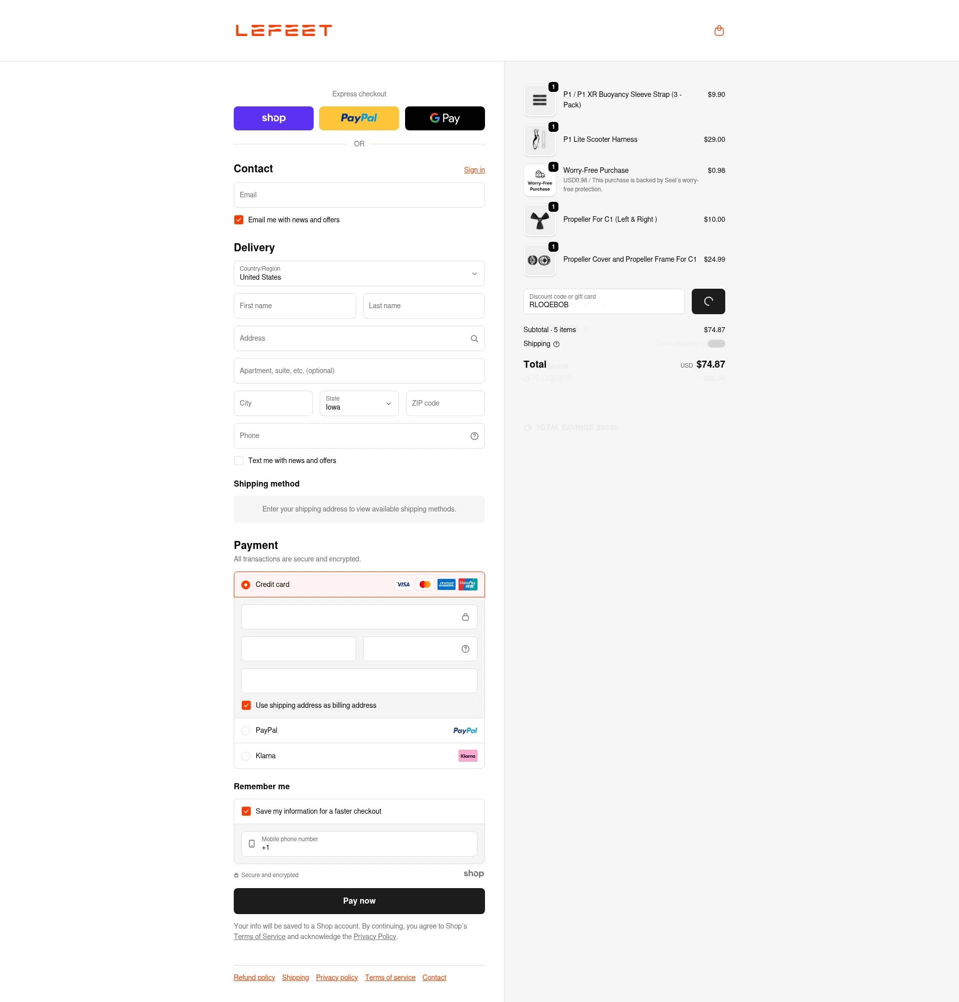 Lefeet checkout page showing Lefeet coupon code box | Screenshot taken by SimplyCodes community member on Dec 22, 2025