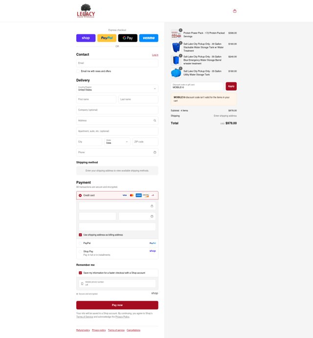 Legacy Food Storage checkout page showing Legacy Food Storage promo code box | Screenshot taken by SimplyCodes community member on Aug 30, 2025