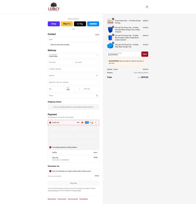 Legacy Food Storage checkout page showing Legacy Food Storage promo code box | Screenshot taken by SimplyCodes community member on Sep 4, 2025