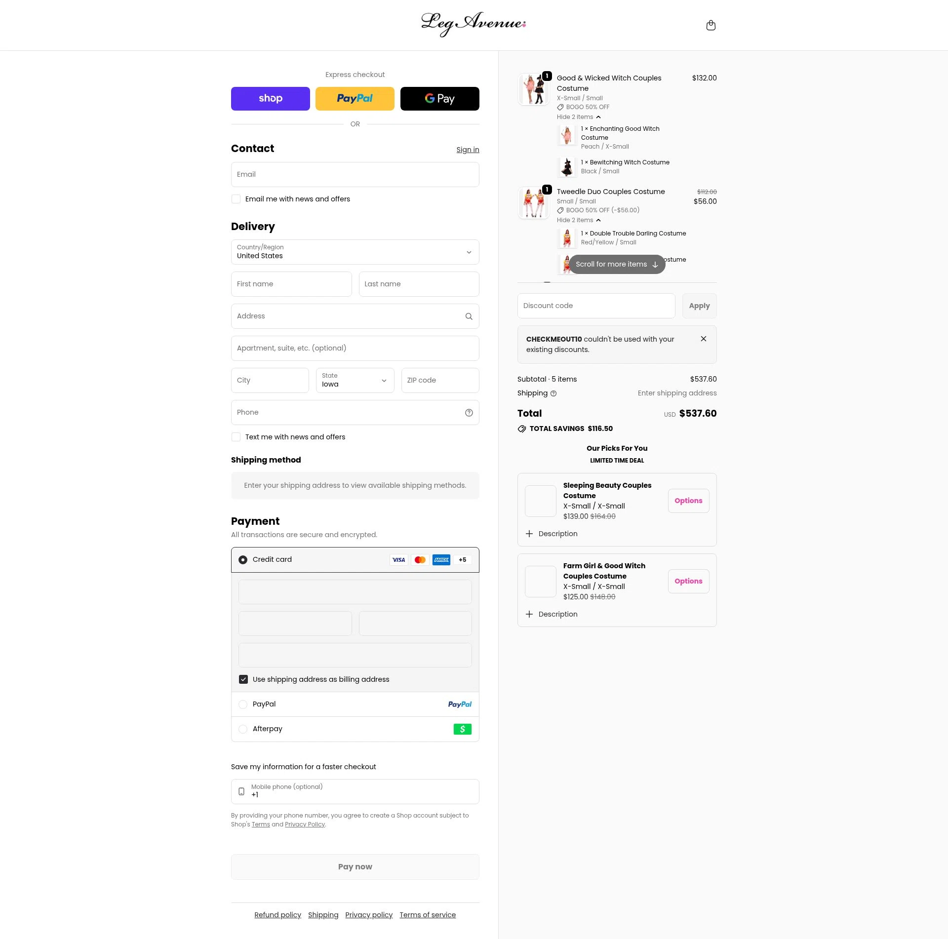 Leg Avenue checkout page showing Leg Avenue discount code box | Screenshot taken by SimplyCodes community member on Feb 14, 2026