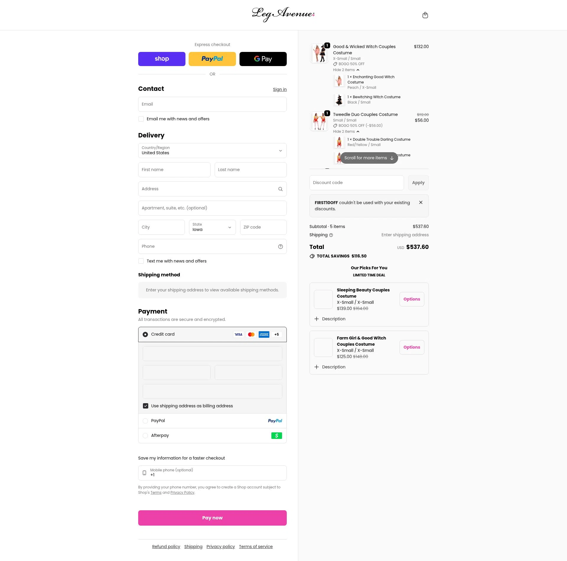 Leg Avenue checkout page showing Leg Avenue discount code box | Screenshot taken by SimplyCodes community member on Feb 14, 2026
