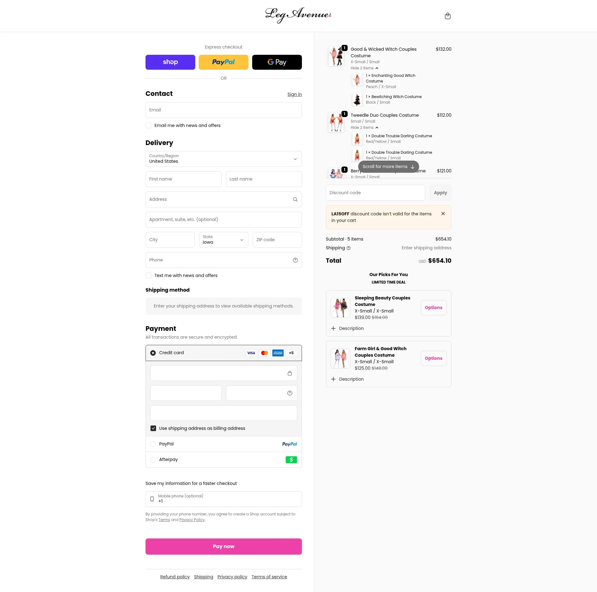Leg Avenue checkout page showing Leg Avenue discount code box | Screenshot taken by SimplyCodes community member on Feb 9, 2026