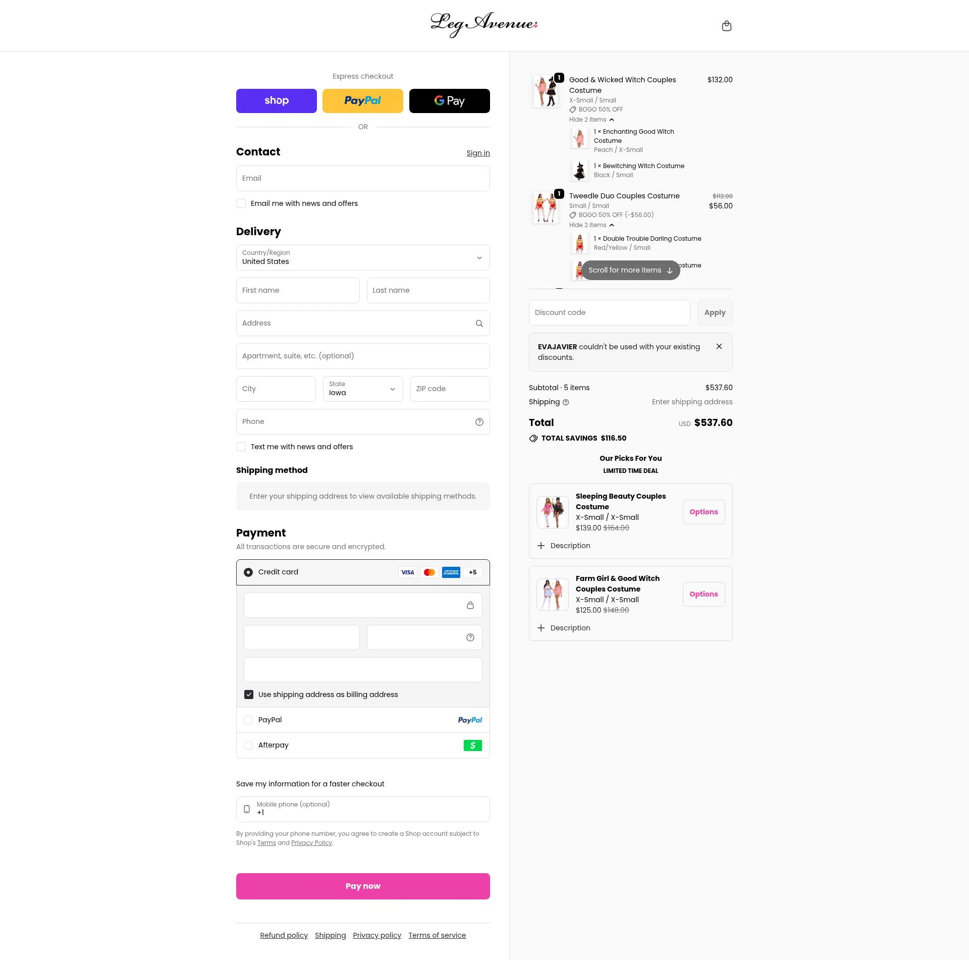 Leg Avenue checkout page showing Leg Avenue discount code box | Screenshot taken by SimplyCodes community member on Feb 14, 2026