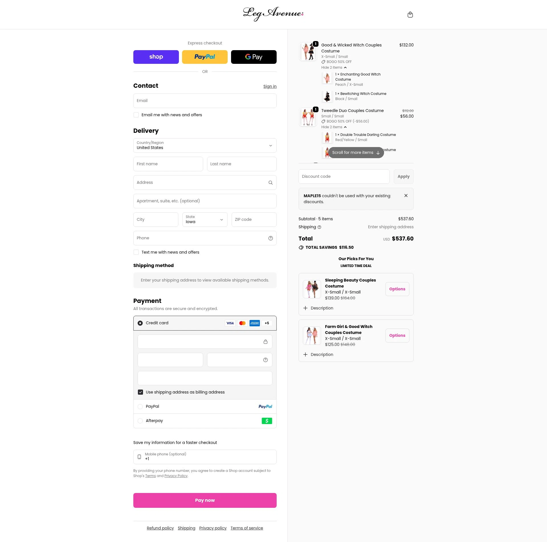 Leg Avenue checkout page showing Leg Avenue discount code box | Screenshot taken by SimplyCodes community member on Feb 14, 2026