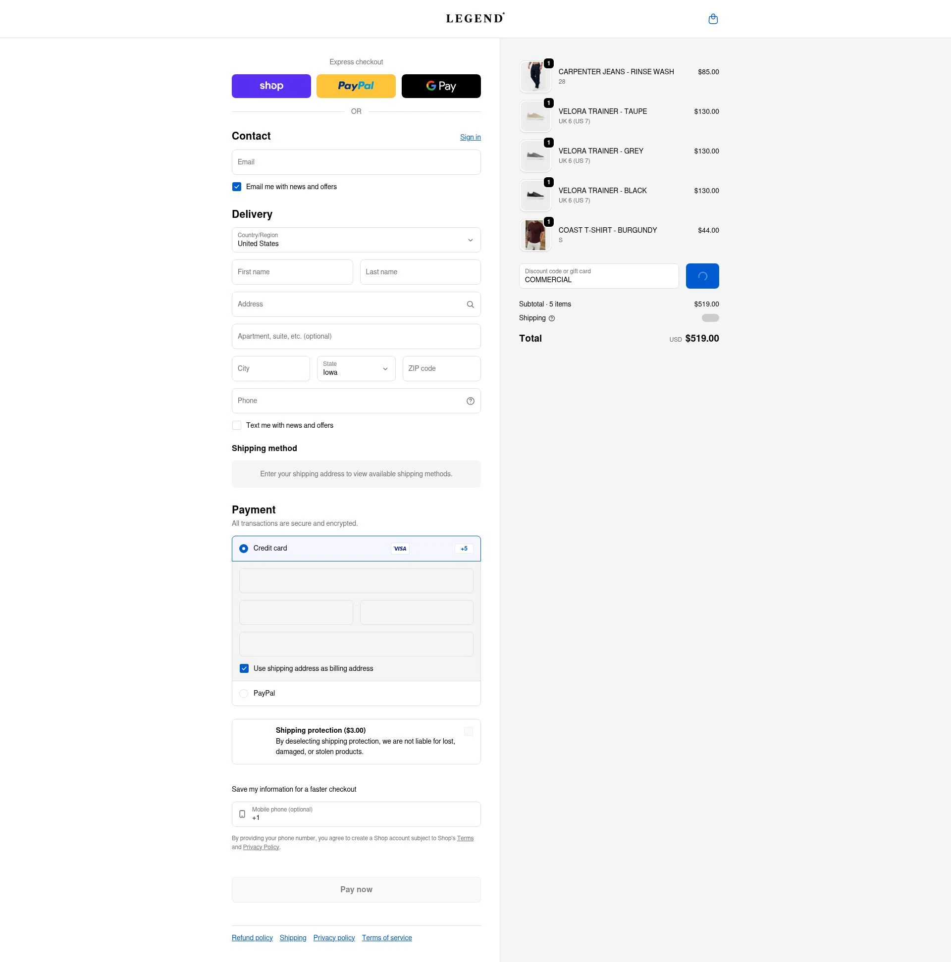 Legend London checkout page showing Legend London discount code box | Screenshot taken by SimplyCodes community member on Feb 13, 2026