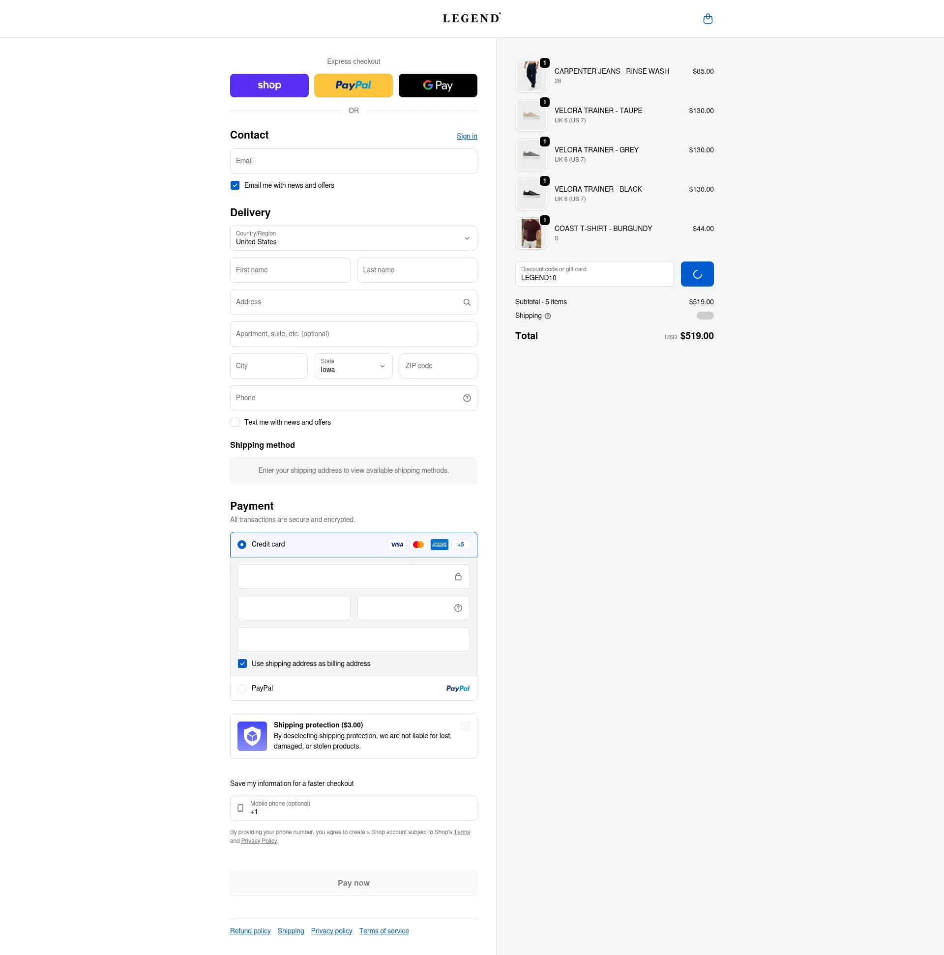 Legend London checkout page showing Legend London discount code box | Screenshot taken by SimplyCodes community member on Feb 9, 2026