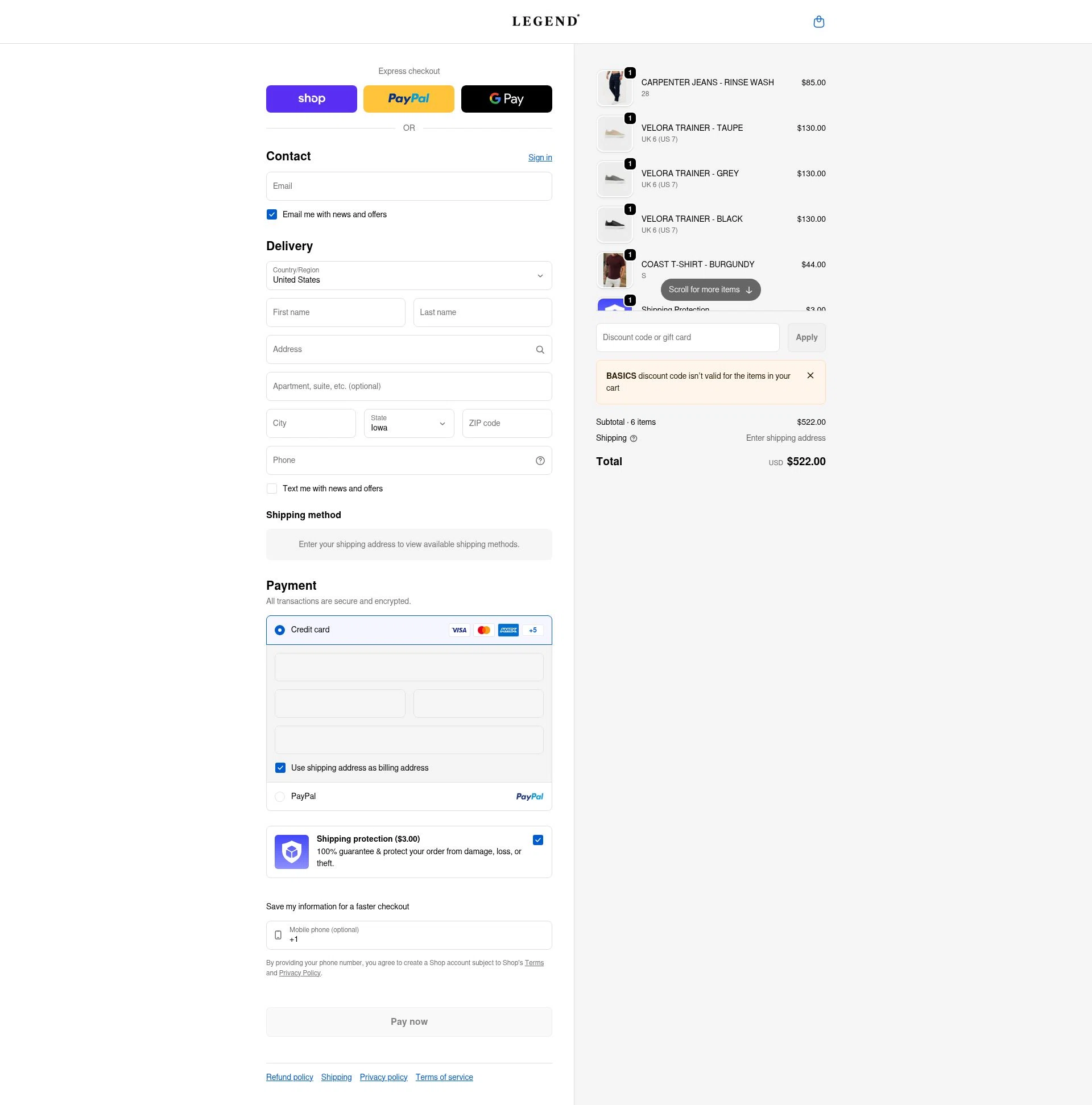 Legend London checkout page showing Legend London discount code box | Screenshot taken by SimplyCodes community member on Feb 18, 2026