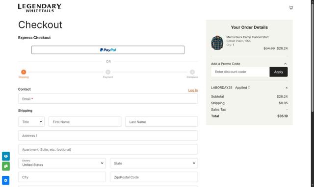 Legendary Whitetails checkout page showing Legendary Whitetails promo code box | Screenshot taken by SimplyCodes community member on Aug 20, 2025