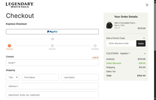 Legendary Whitetails checkout page showing Legendary Whitetails promo code box | Screenshot taken by SimplyCodes community member on Aug 27, 2025