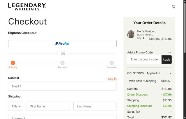 Legendary Whitetails checkout page showing Legendary Whitetails promo code box | Screenshot taken by SimplyCodes community member on Jul 26, 2025