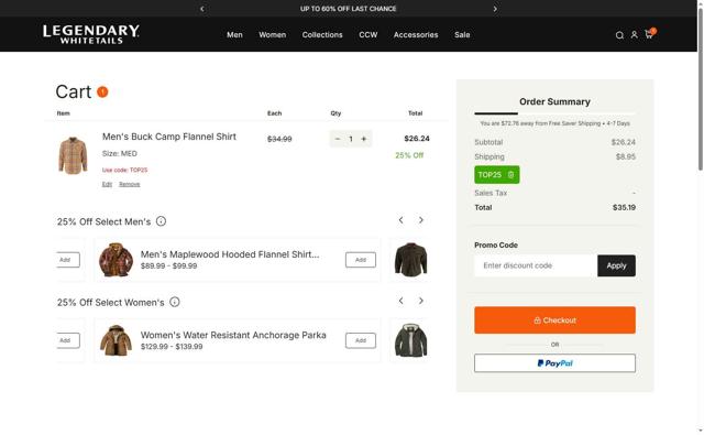 Legendary Whitetails checkout page showing Legendary Whitetails promo code box | Screenshot taken by SimplyCodes community member on Aug 1, 2025