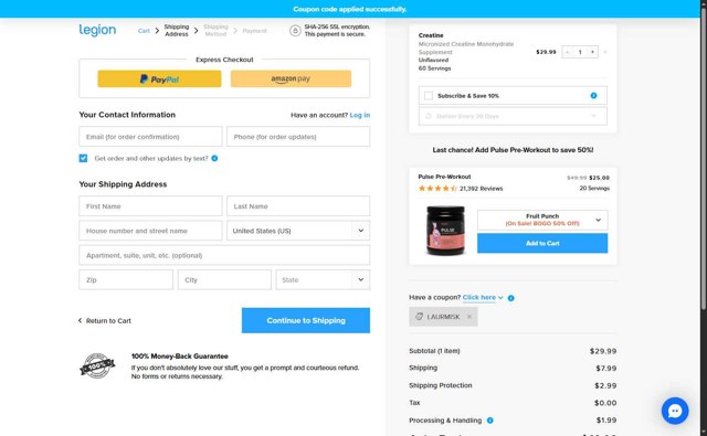 Legion Athletics checkout page showing Legion Athletics promo code box | Screenshot taken by SimplyCodes community member on Sep 4, 2025