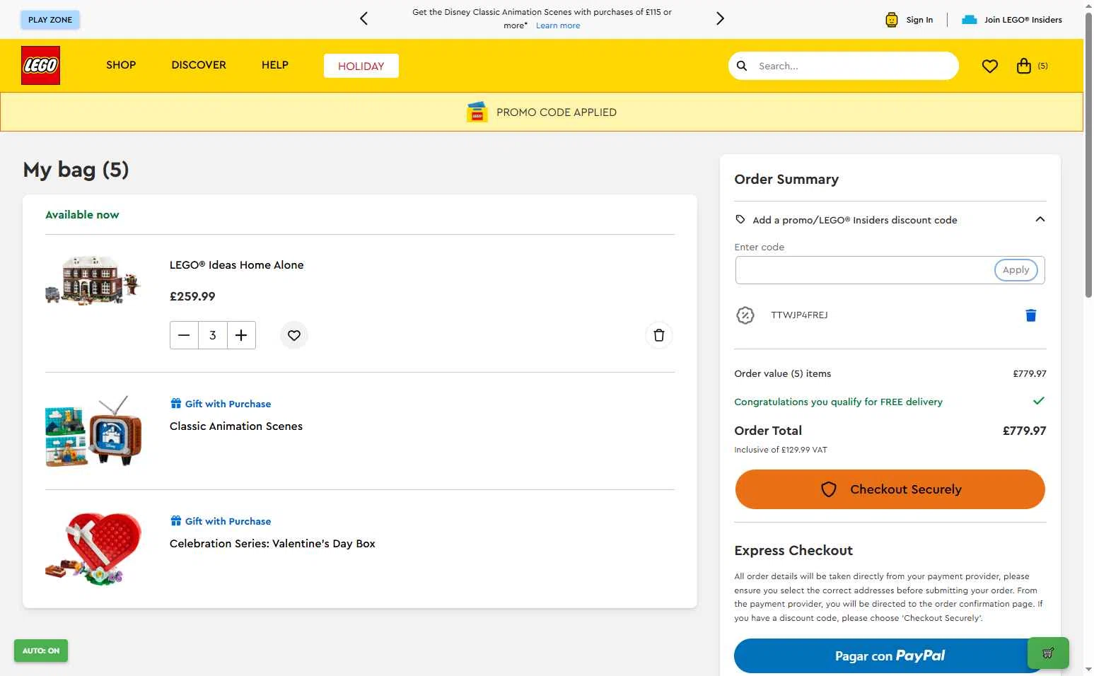 LEGO checkout page showing LEGO promo code box | Screenshot taken by SimplyCodes community member on Oct 31, 2025