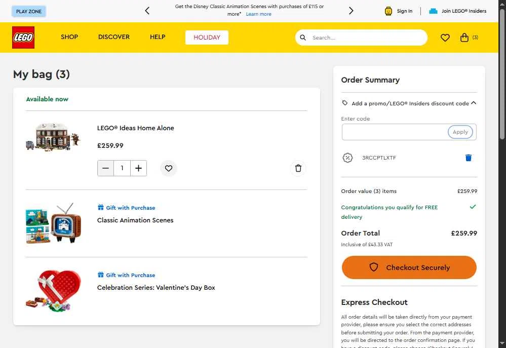 LEGO checkout page showing LEGO promo code box | Screenshot taken by SimplyCodes community member on Nov 2, 2025