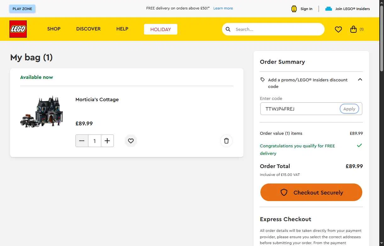 LEGO Education checkout page showing LEGO Education promo code box | Screenshot taken by SimplyCodes community member on Dec 2, 2025