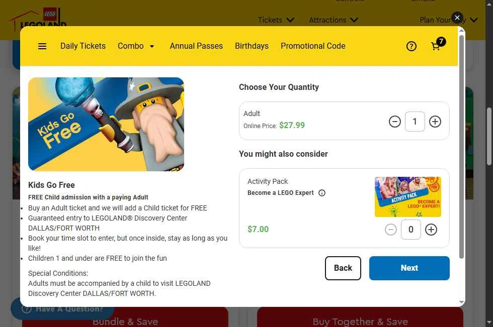 LEGOLAND Discovery Centre Dallas checkout page showing LEGOLAND Discovery Centre Dallas promo code box | Screenshot taken by SimplyCodes community member on Nov 30, 2025
