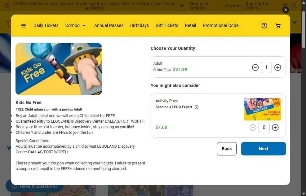 LEGOLAND Discovery Centre Dallas checkout page showing LEGOLAND Discovery Centre Dallas promo code box | Screenshot taken by SimplyCodes community member on Dec 29, 2025