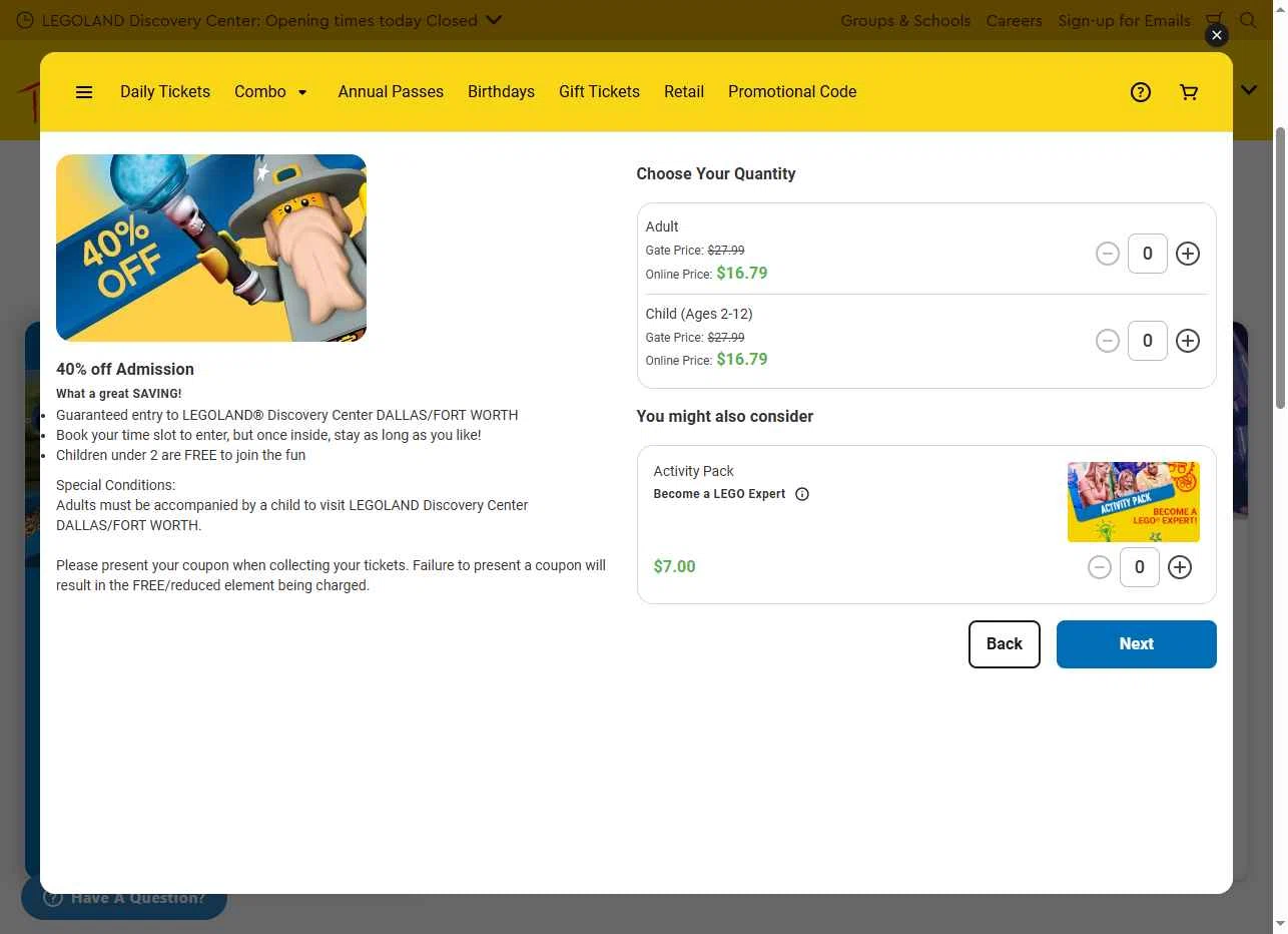LEGOLAND Discovery Centre Dallas checkout page showing LEGOLAND Discovery Centre Dallas promo code box | Screenshot taken by SimplyCodes community member on Nov 28, 2025