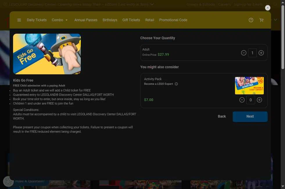 LEGOLAND Discovery Centre Dallas checkout page showing LEGOLAND Discovery Centre Dallas promo code box | Screenshot taken by SimplyCodes community member on Feb 25, 2026