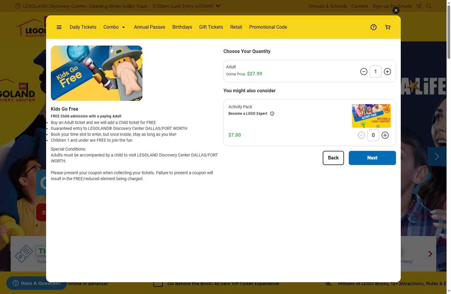 LEGOLAND Discovery Centre Dallas checkout page showing LEGOLAND Discovery Centre Dallas promo code box | Screenshot taken by SimplyCodes community member on Dec 29, 2025