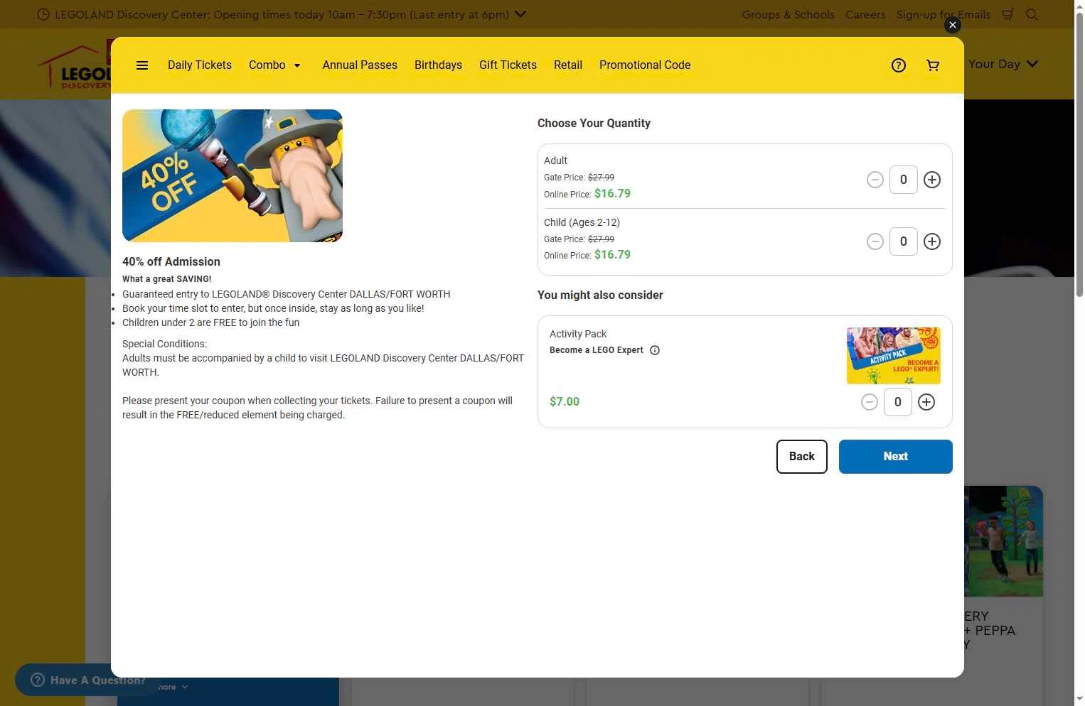 LEGOLAND Discovery Centre Dallas checkout page showing LEGOLAND Discovery Centre Dallas promo code box | Screenshot taken by SimplyCodes community member on Dec 27, 2025
