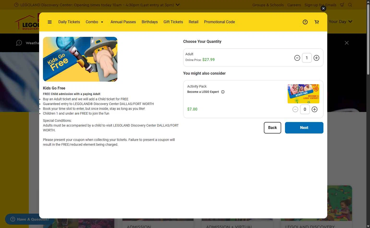 LEGOLAND Discovery Centre Dallas checkout page showing LEGOLAND Discovery Centre Dallas promo code box | Screenshot taken by SimplyCodes community member on Jan 27, 2026