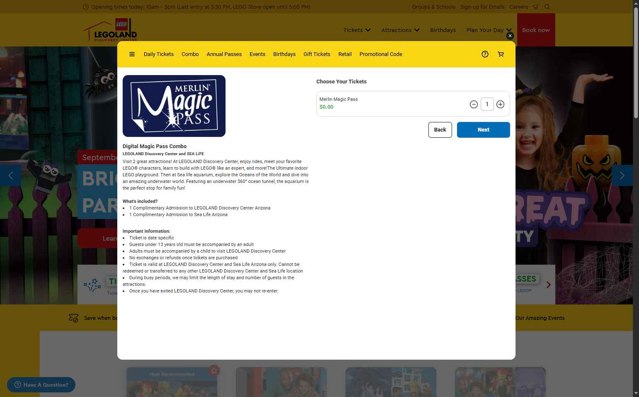 Legoland Discovery Centers checkout page showing Legoland Discovery Centers promo code box | Screenshot taken by SimplyCodes community member on Aug 17, 2025
