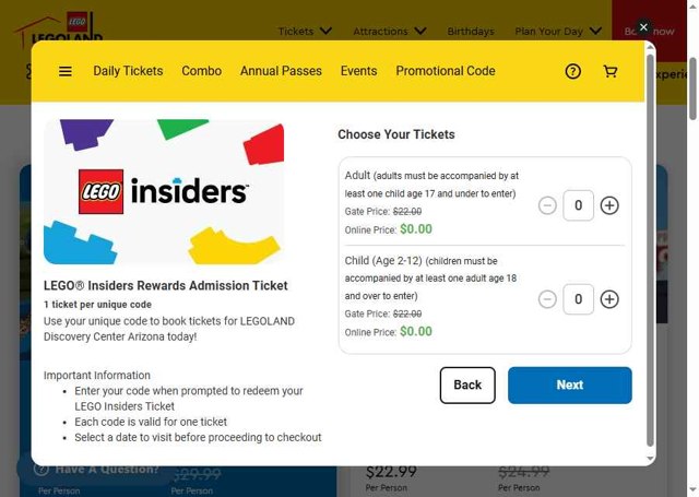 Legoland Discovery Centers checkout page showing Legoland Discovery Centers promo code box | Screenshot taken by SimplyCodes community member on Aug 13, 2025