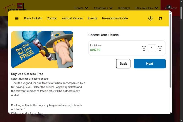 Legoland Discovery Centers checkout page showing Legoland Discovery Centers promo code box | Screenshot taken by SimplyCodes community member on Aug 7, 2025