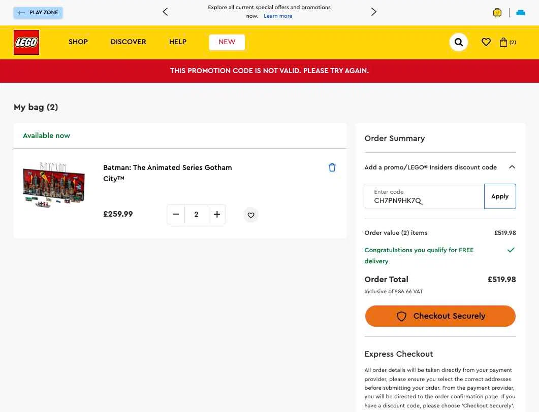 Verification screenshot for Free Gift Storewide (minimum Order $70) at LEGO Shop US — 12mo ago