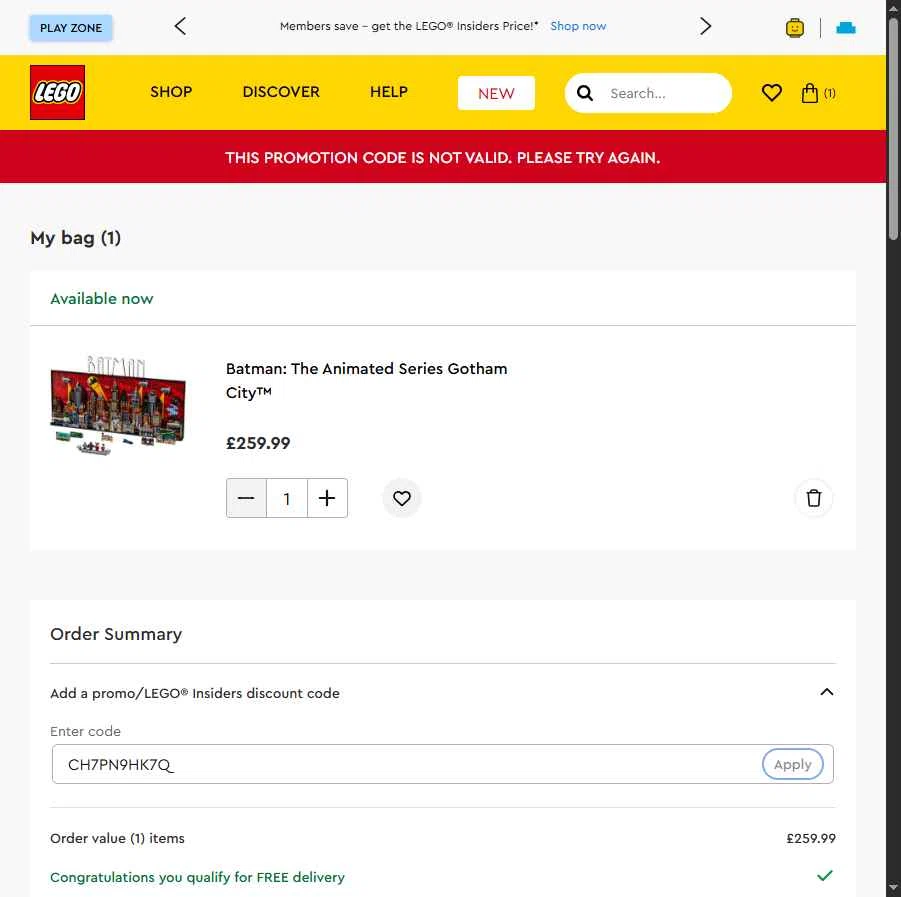 Verification screenshot for Free Gift Storewide (minimum Order $70) at LEGO Shop US — 11mo ago