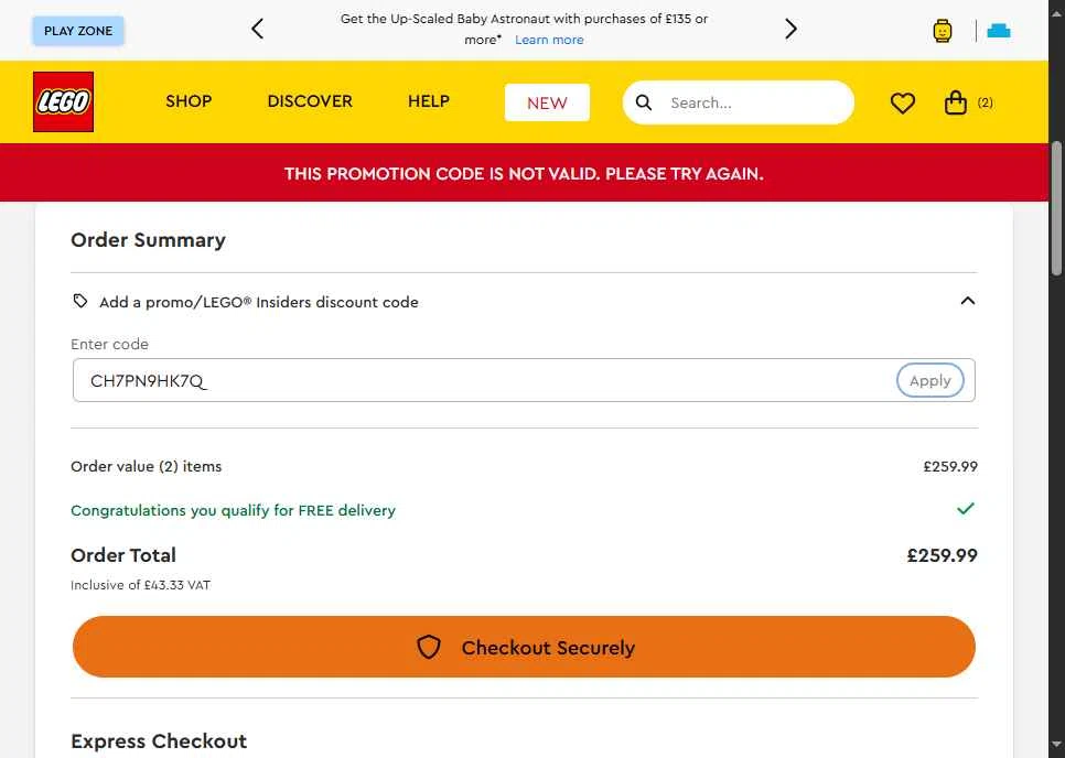 Verification screenshot for Free Gift Storewide (minimum Order $70) at LEGO Shop US — 9mo ago