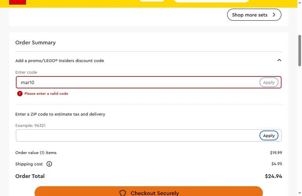 Verification screenshot for 10% Off Select Items at LEGO Shop US — 11mo ago