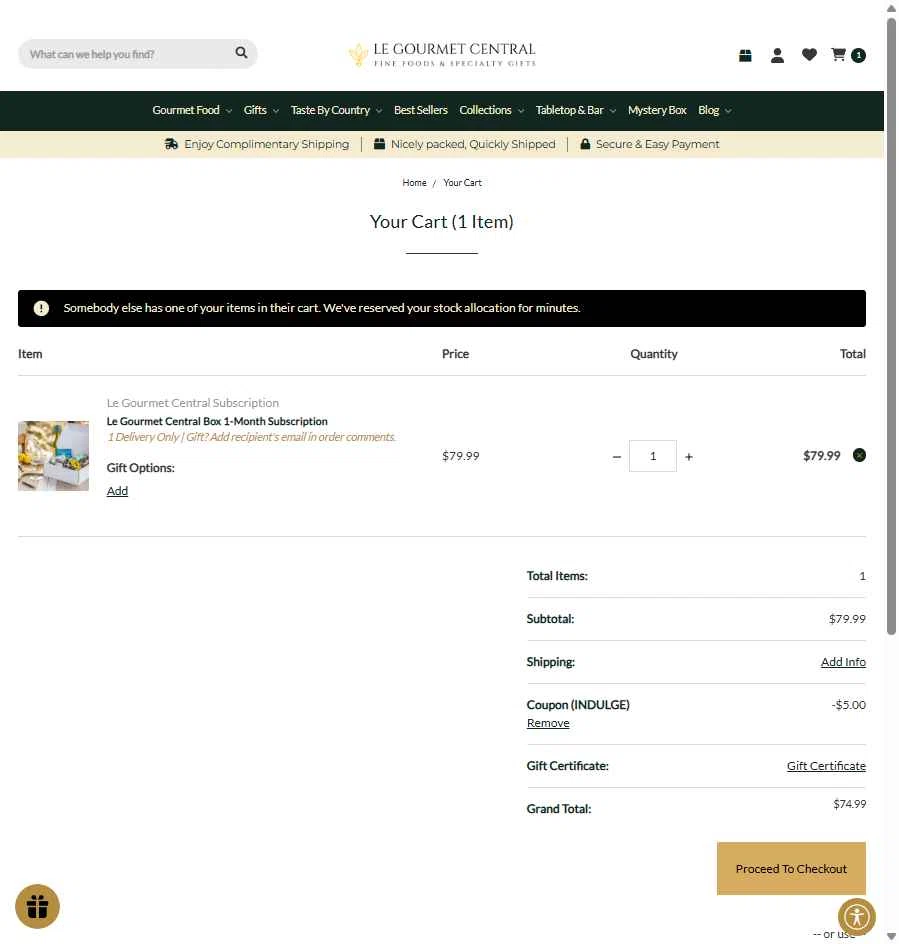 Le Gourmet Central checkout page showing Le Gourmet Central coupon code box | Screenshot taken by SimplyCodes community member on Dec 16, 2025