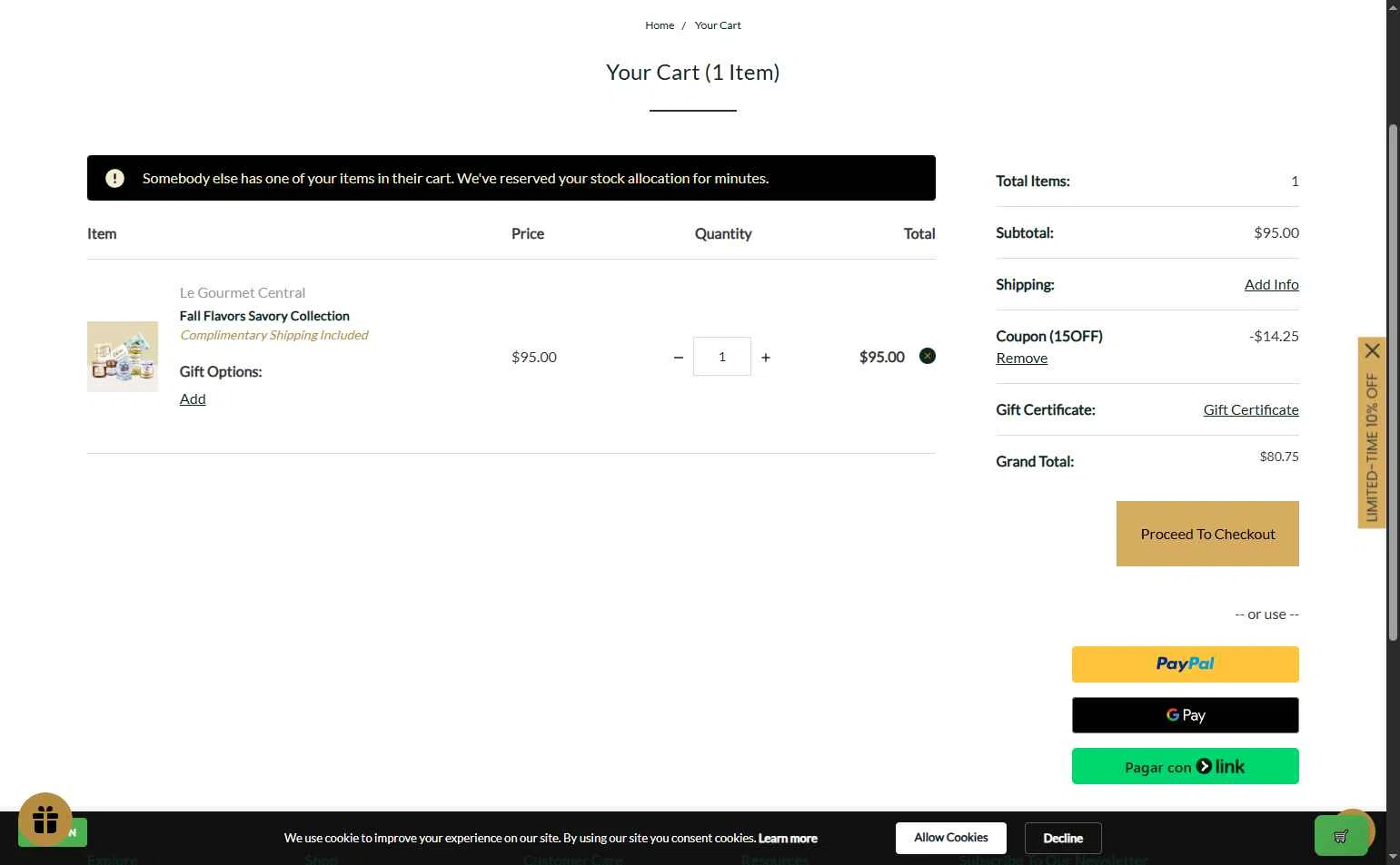 Le Gourmet Central checkout page showing Le Gourmet Central coupon code box | Screenshot taken by SimplyCodes community member on Jan 6, 2026