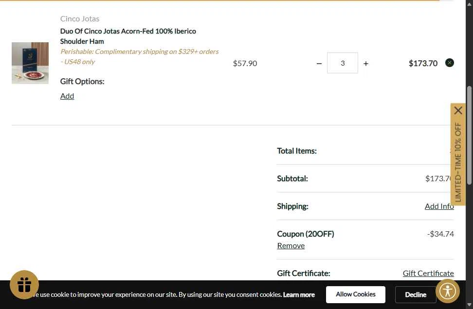 Le Gourmet Central checkout page showing Le Gourmet Central coupon code box | Screenshot taken by SimplyCodes community member on Jan 7, 2026