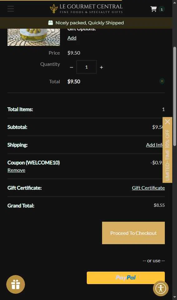 Le Gourmet Central checkout page showing Le Gourmet Central coupon code box | Screenshot taken by SimplyCodes community member on Dec 16, 2025