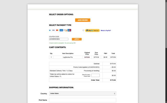 LegXercise checkout page showing LegXercise coupon code box | Screenshot taken by SimplyCodes community member on Sep 13, 2025